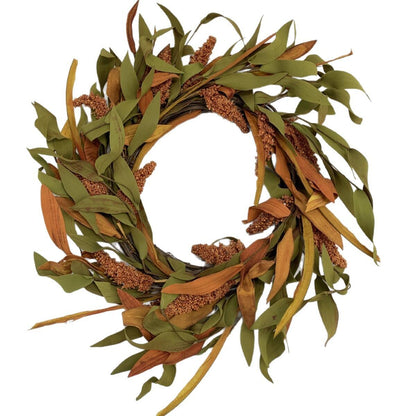 18" Artificial Fall Wreath with Harvest Grain Spikes - Autumn Leaves Front Door Decor, B2B Wholesale
