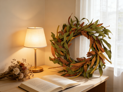 18" Artificial Fall Wreath with Harvest Grain Spikes - Autumn Leaves Front Door Decor, B2B Wholesale