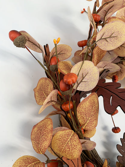 Autumn Eucalyptus and Oak Leaf Wreath with Berries -Wholesale 18" Artificial Fall Front Door              Wreath