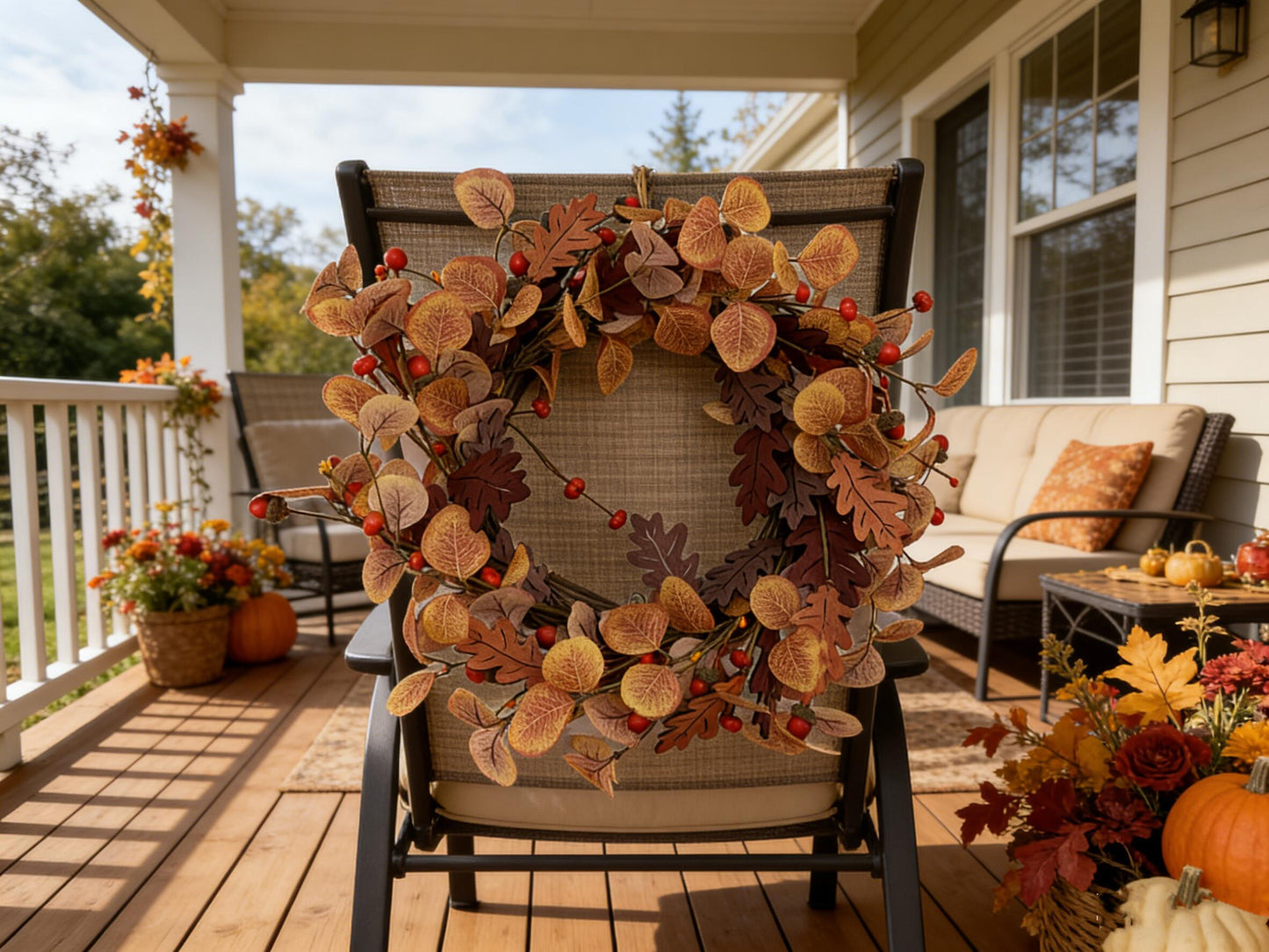 Autumn Eucalyptus and Oak Leaf Wreath with Berries -Wholesale 18" Artificial Fall Front Door              Wreath