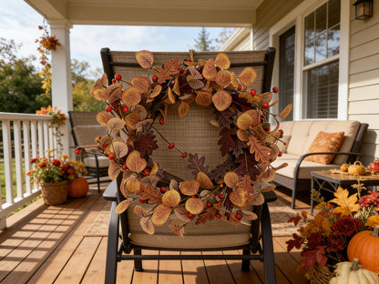 Autumn Eucalyptus and Oak Leaf Wreath with Berries -Wholesale 18" Artificial Fall Front Door              Wreath