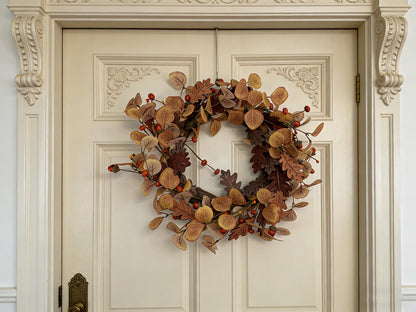 Autumn Eucalyptus and Oak Leaf Wreath with Berries -Wholesale 18" Artificial Fall Front Door              Wreath