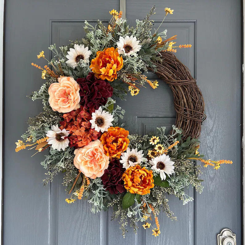 18" Artificial Dahlia, Rose & Sunflower Fall Floral Half-Wreath B2B Wholesale