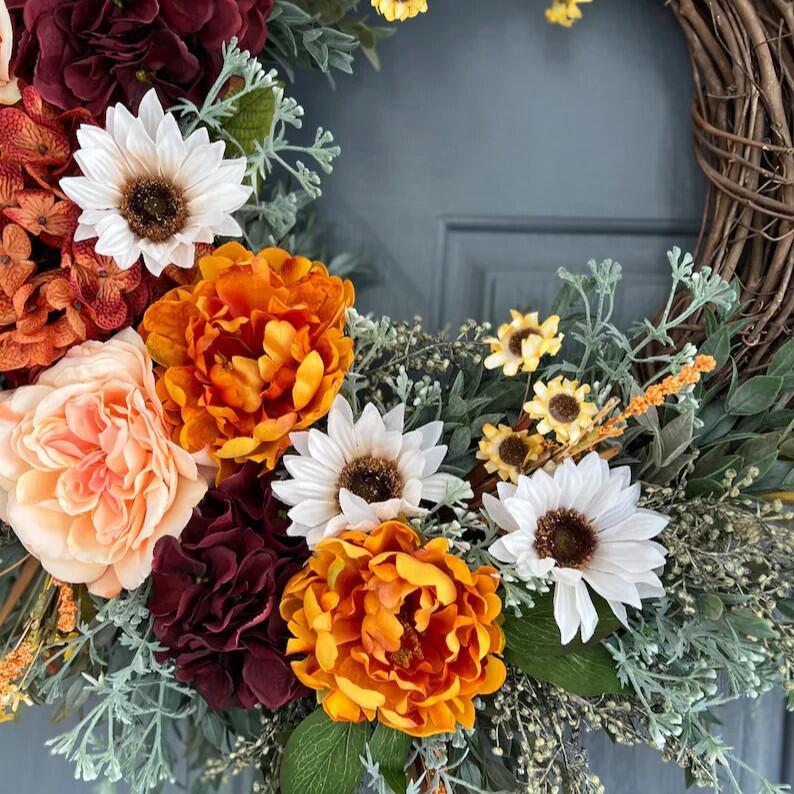 18" Artificial Dahlia, Rose & Sunflower Fall Floral Half-Wreath B2B Wholesale