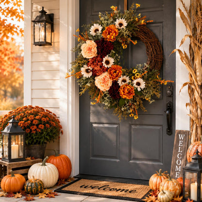 18" Artificial Dahlia, Rose & Sunflower Fall Floral Half-Wreath B2B Wholesale