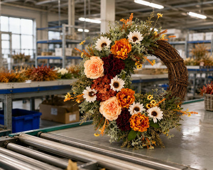 18" Artificial Dahlia, Rose & Sunflower Fall Floral Half-Wreath B2B Wholesale