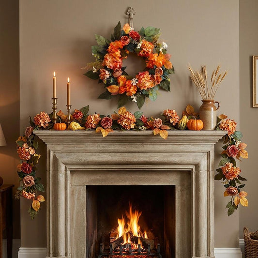 18" Artificial Autumn Floral Wreath with Orange Hydrangeas and Roses
