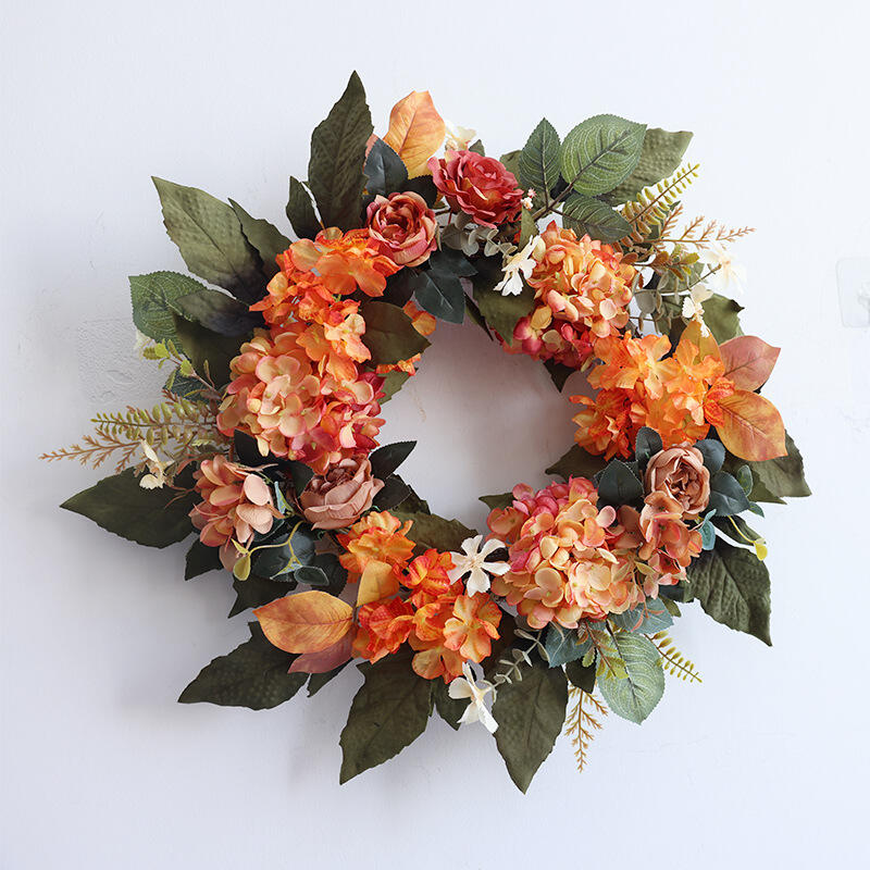 18" Artificial Autumn Floral Wreath with Orange Hydrangeas and Roses