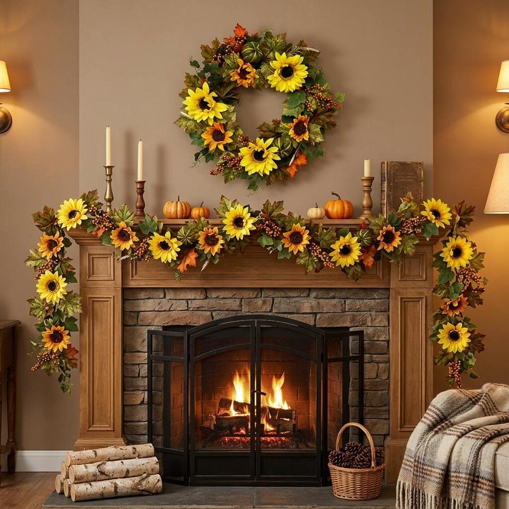 18" Artificial Sunflower Harvest Wreath with Pumpkins and Berries