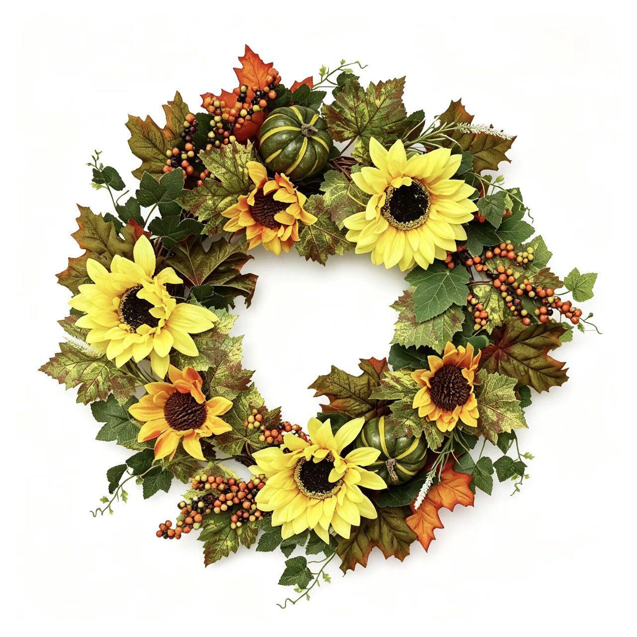18" Artificial Sunflower Harvest Wreath with Pumpkins and Berries