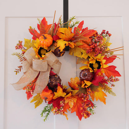 18" Artificial Autumn Harvest Wreath with Sunflowers, Pumpkins, and Burlap Bow