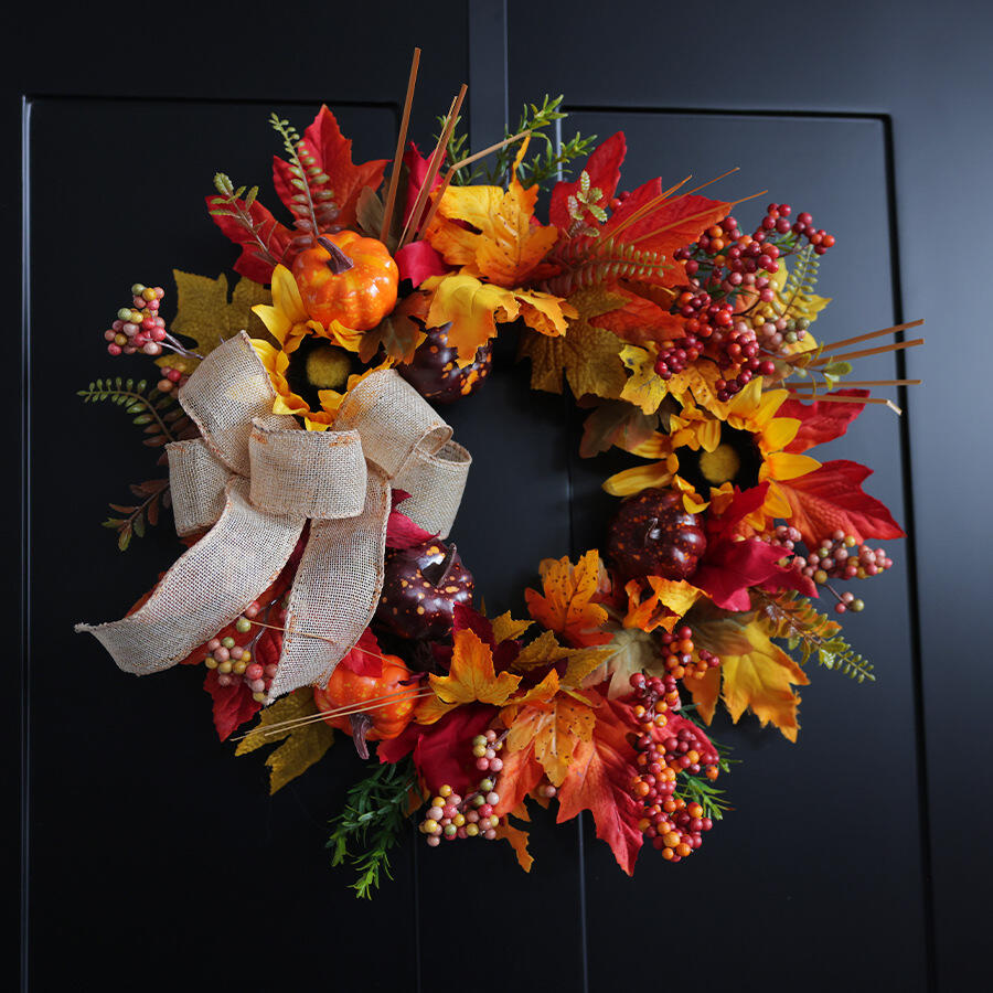 18" Artificial Autumn Harvest Wreath with Sunflowers, Pumpkins, and Burlap Bow