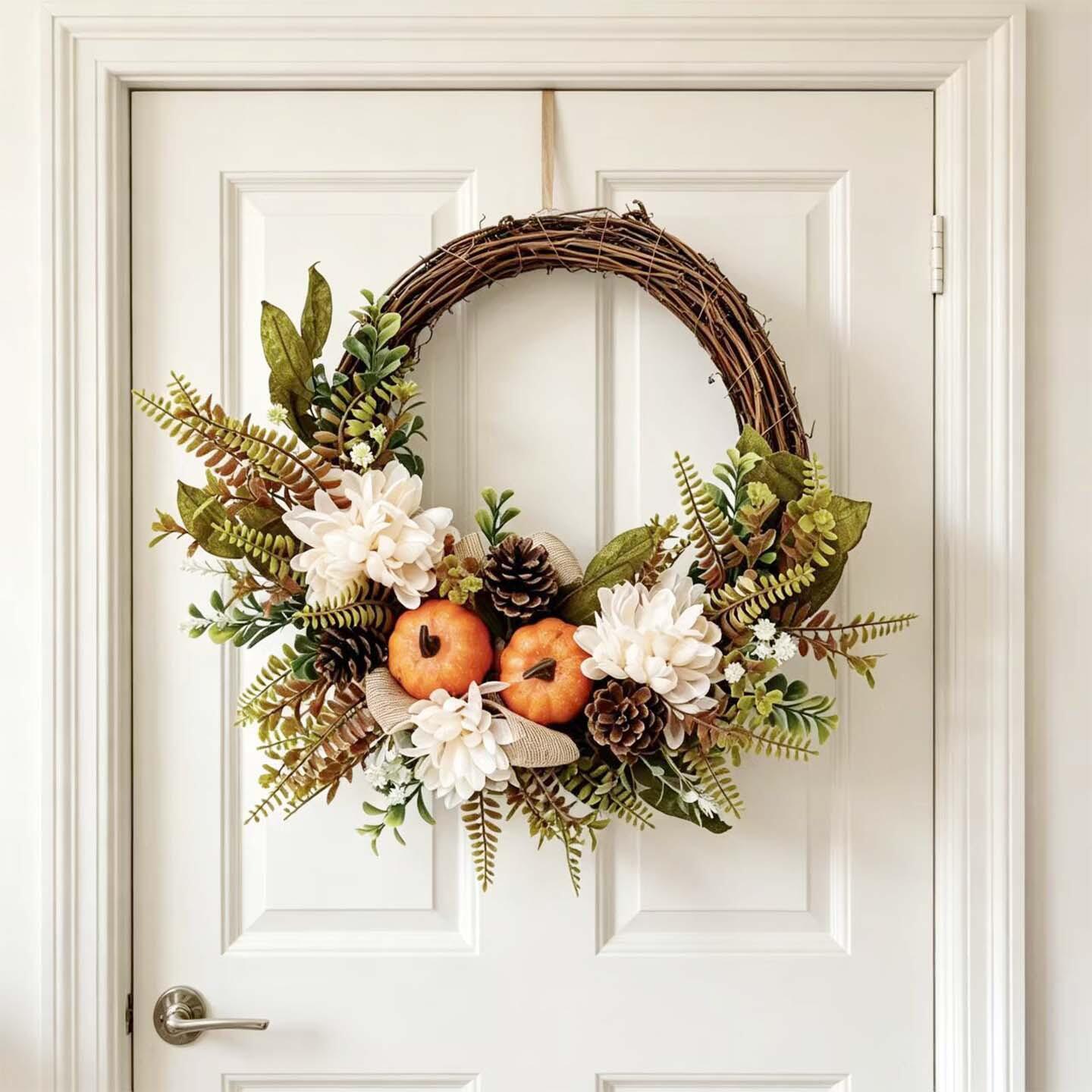 18" Artificial Elegant Fall Harvest Wreath with Pumpkins and White Blooms