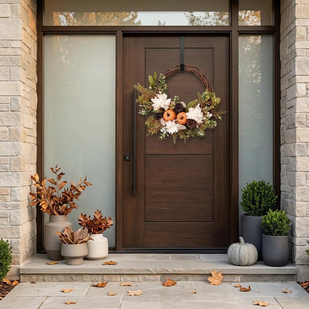 18" Artificial Elegant Fall Harvest Wreath with Pumpkins and White Blooms