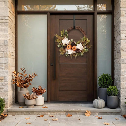 18" Artificial Elegant Fall Harvest Wreath with Pumpkins and White Blooms