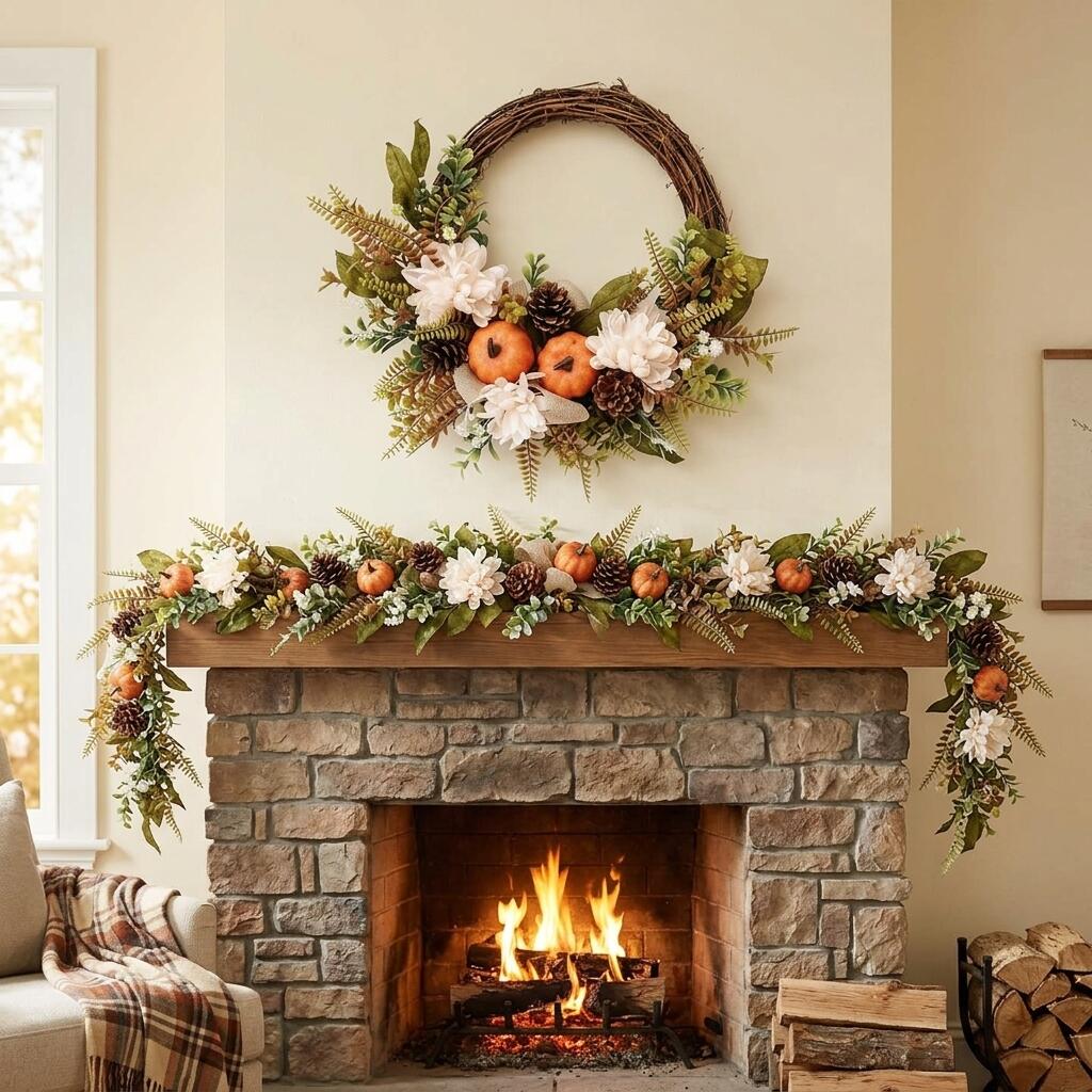 18" Artificial Elegant Fall Harvest Wreath with Pumpkins and White Blooms