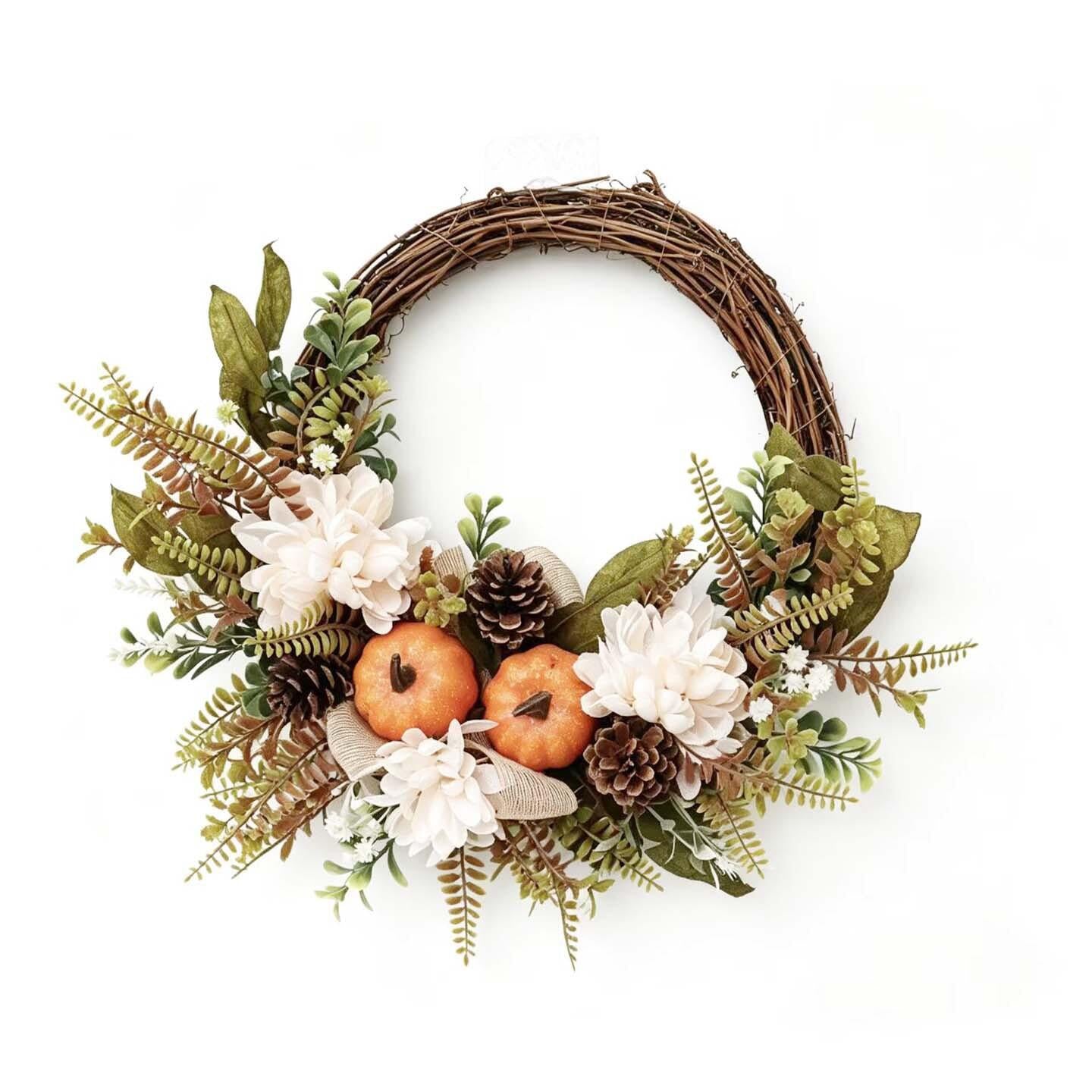 18" Artificial Elegant Fall Harvest Wreath with Pumpkins and White Blooms