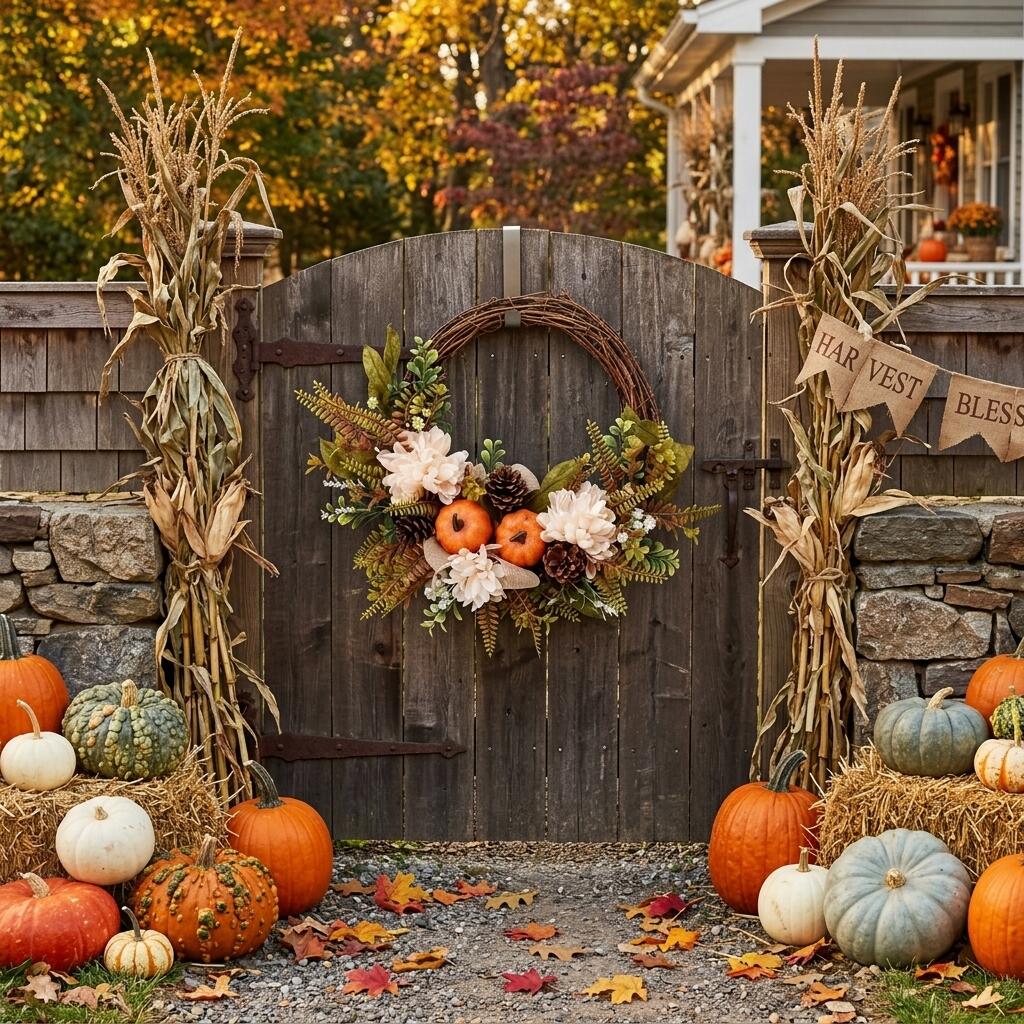 18" Artificial Elegant Fall Harvest Wreath with Pumpkins and White Blooms