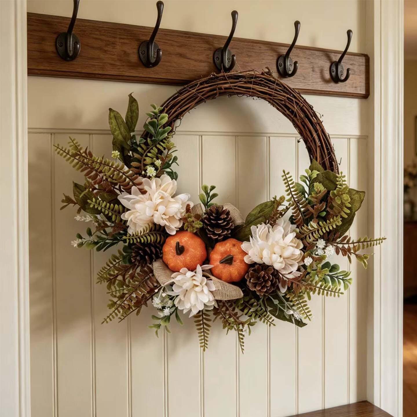 18" Artificial Elegant Fall Harvest Wreath with Pumpkins and White Blooms