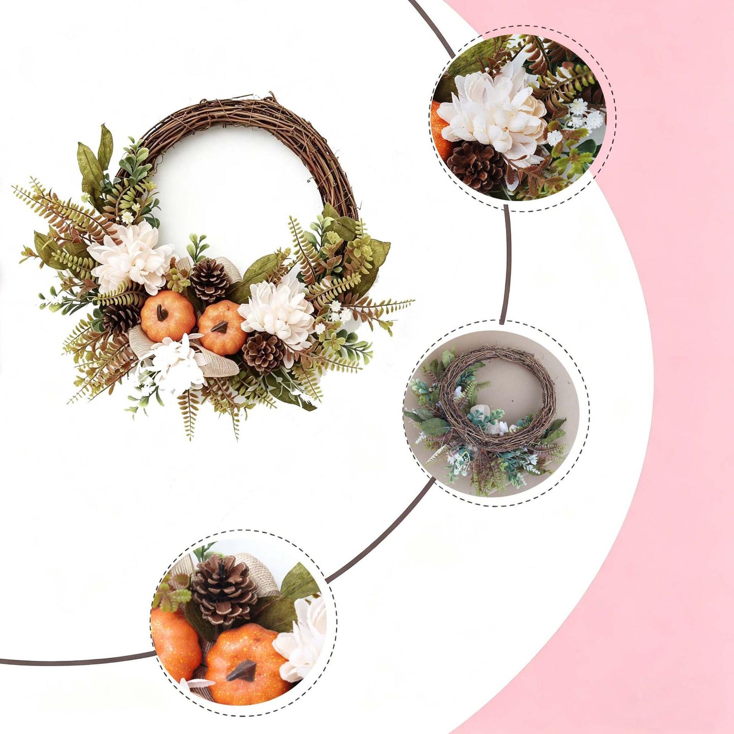 18" Artificial Elegant Fall Harvest Wreath with Pumpkins and White Blooms