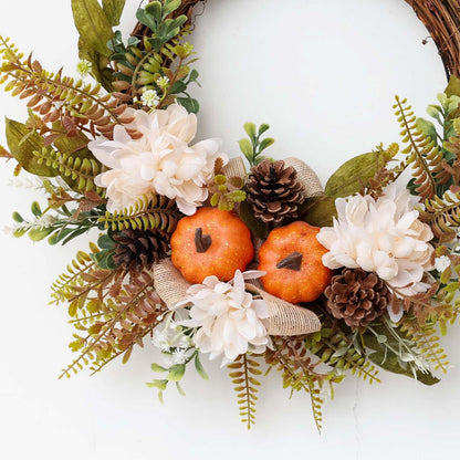 18" Artificial Elegant Fall Harvest Wreath with Pumpkins and White Blooms