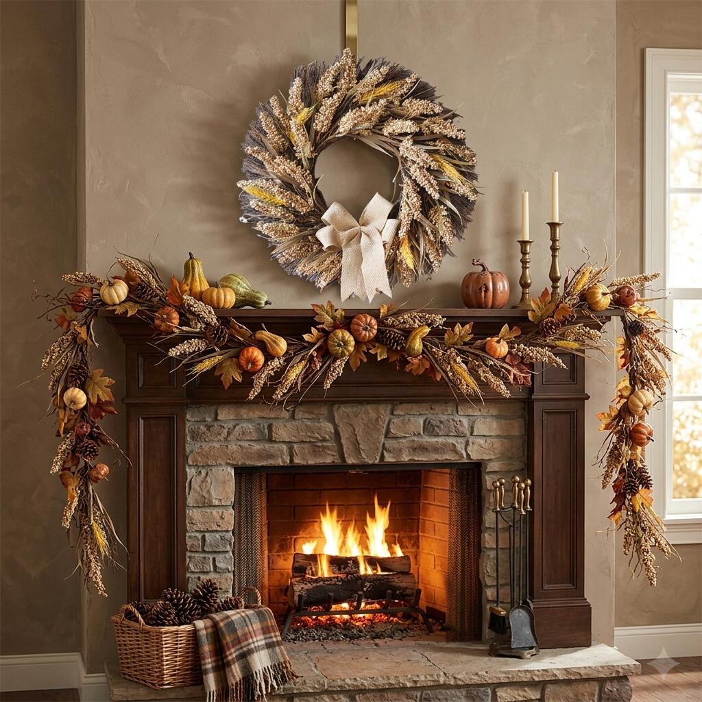18" Rustic Wheat and Grain Harvest Wreath with Burlap Bow