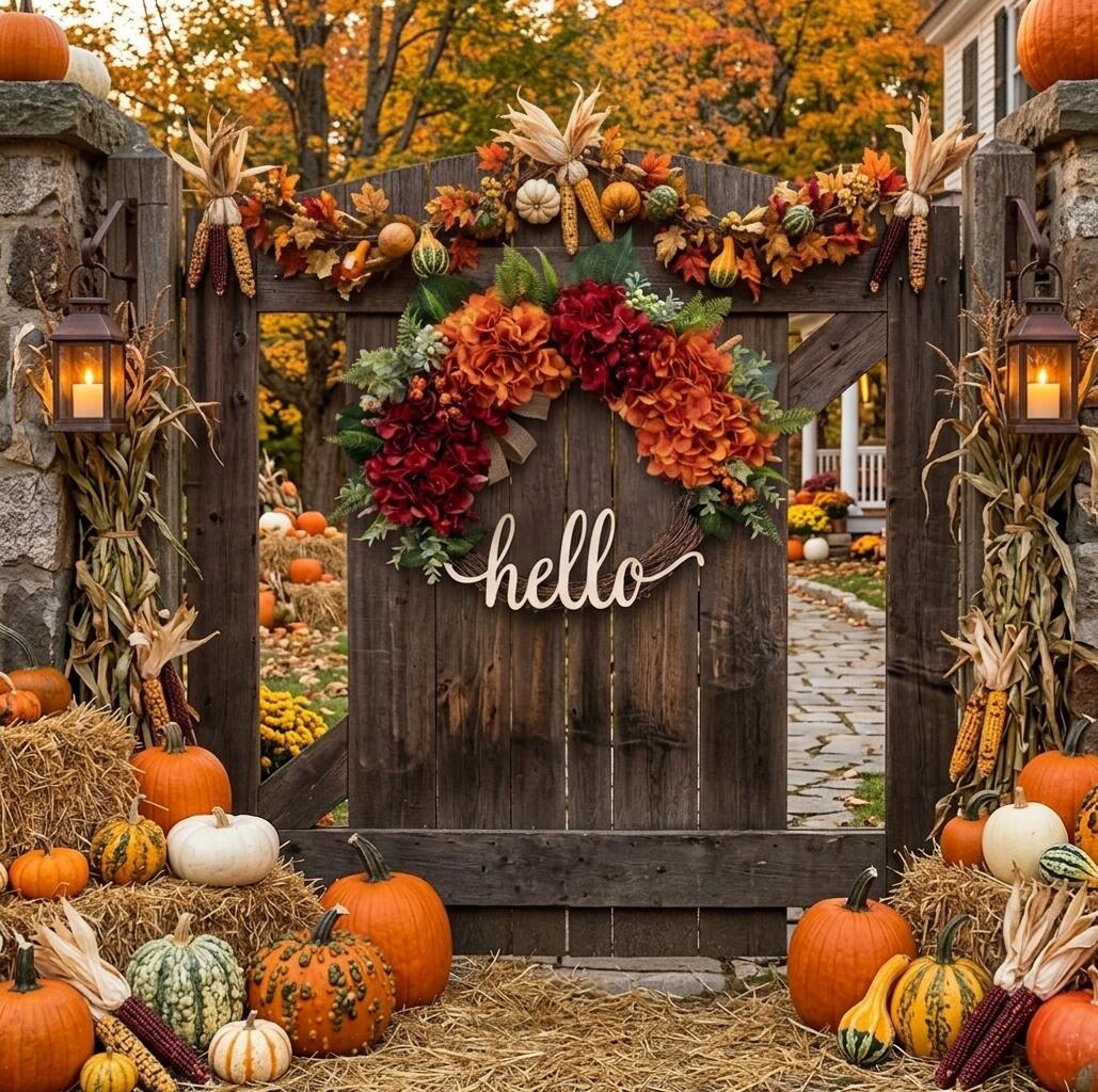 18" Artificial "Hello" Autumn Welcome Wreath with Hydrangeas