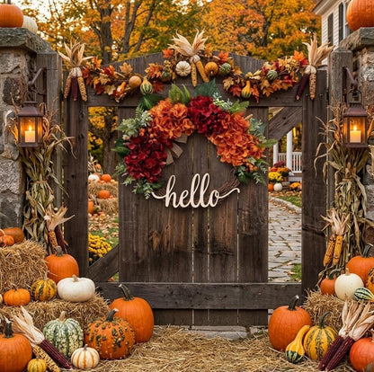 18" Artificial "Hello" Autumn Welcome Wreath with Hydrangeas