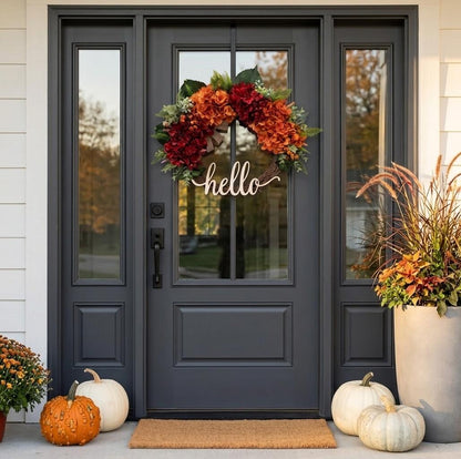 18" Artificial "Hello" Autumn Welcome Wreath with Hydrangeas