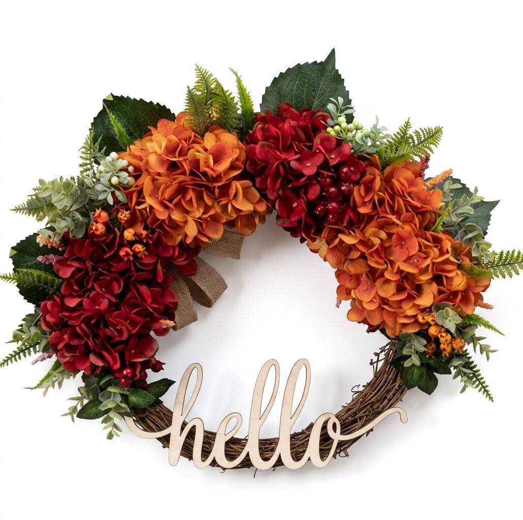 18" Artificial "Hello" Autumn Welcome Wreath with Hydrangeas
