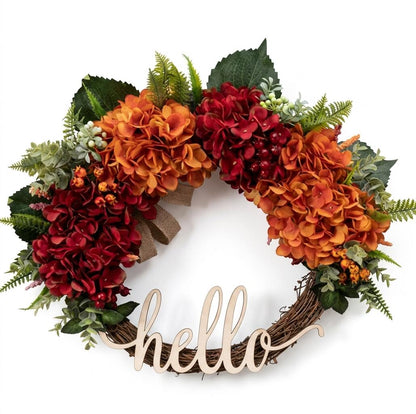18" Artificial "Hello" Autumn Welcome Wreath with Hydrangeas
