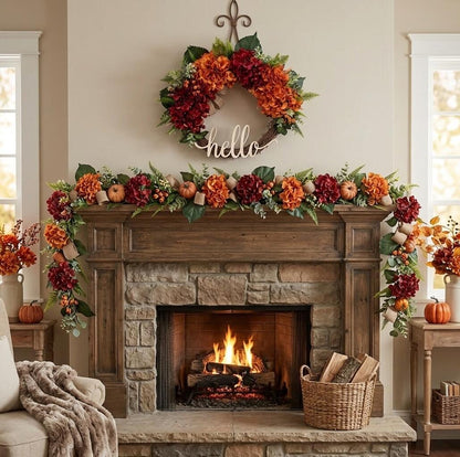 18" Artificial "Hello" Autumn Welcome Wreath with Hydrangeas