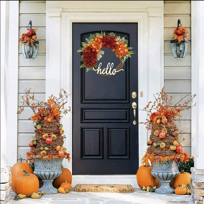 18" Artificial "Hello" Autumn Welcome Wreath with Hydrangeas