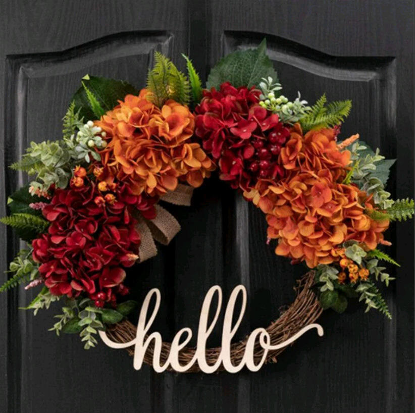 18" Artificial "Hello" Autumn Welcome Wreath with Hydrangeas