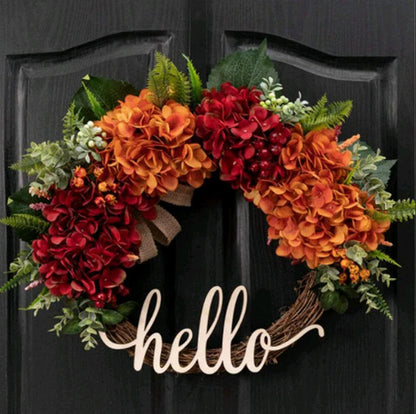 18" Artificial "Hello" Autumn Welcome Wreath with Hydrangeas