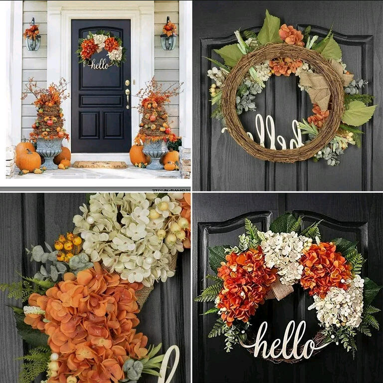 18" Artificial "Hello" Autumn Welcome Wreath with Hydrangeas