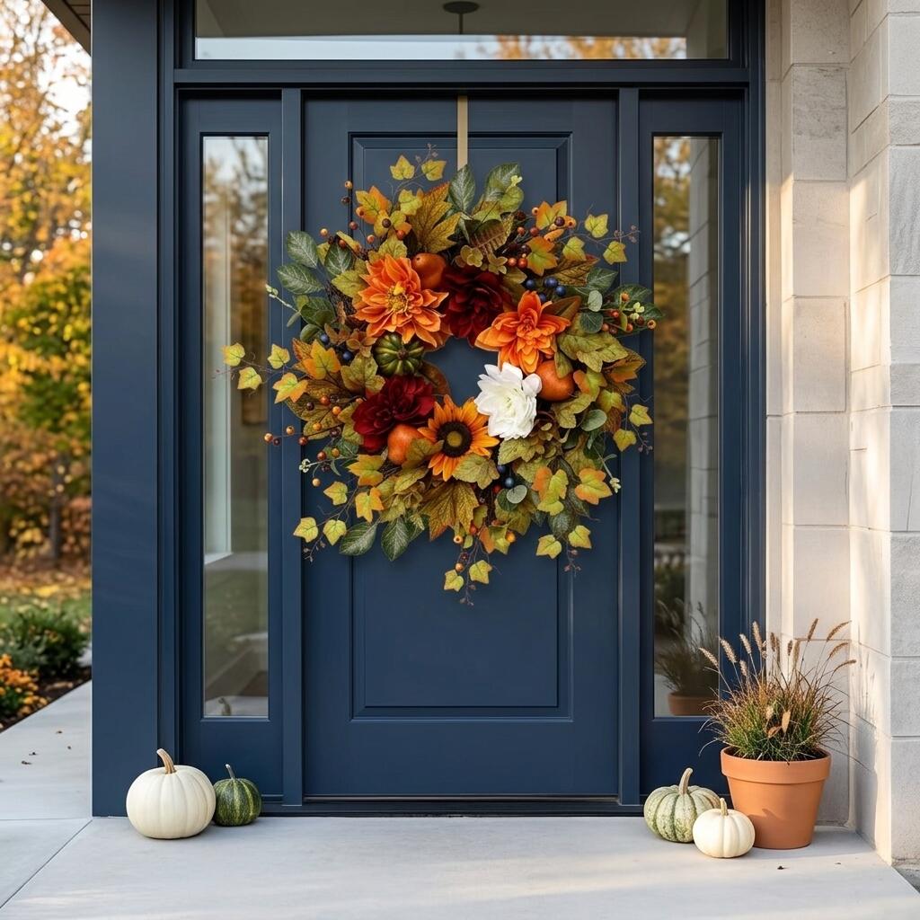 18" Artificial Autumn Harvest Floral Wreath with Mixed Blooms and Fruits