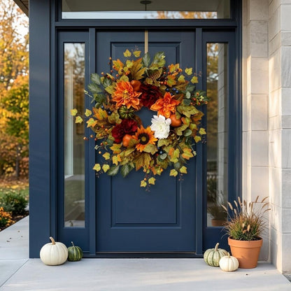 18" Artificial Autumn Harvest Floral Wreath with Mixed Blooms and Fruits