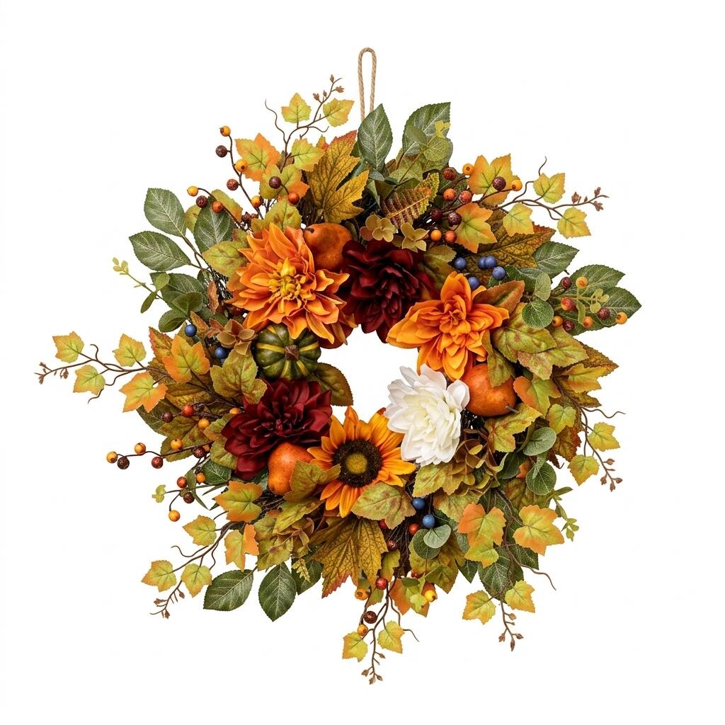 18" Artificial Autumn Harvest Floral Wreath with Mixed Blooms and Fruits