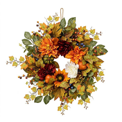 18" Artificial Autumn Harvest Floral Wreath with Mixed Blooms and Fruits