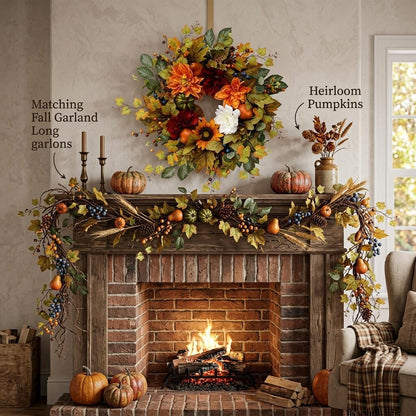 18" Artificial Autumn Harvest Floral Wreath with Mixed Blooms and Fruits