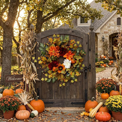 18" Artificial Autumn Harvest Floral Wreath with Mixed Blooms and Fruits