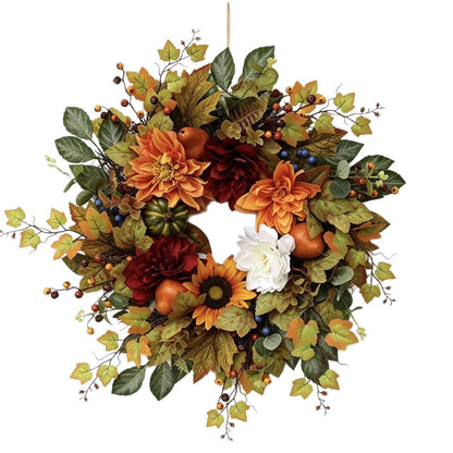 18" Artificial Autumn Harvest Floral Wreath with Mixed Blooms and Fruits