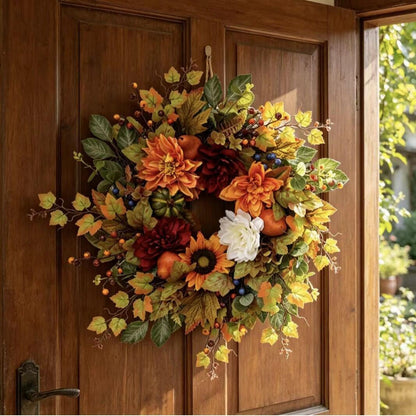 18" Artificial Autumn Harvest Floral Wreath with Mixed Blooms and Fruits