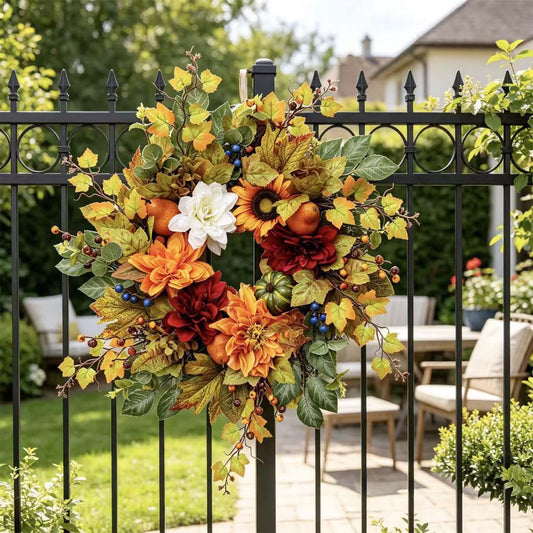 18" Artificial Autumn Harvest Floral Wreath with Mixed Blooms and Fruits