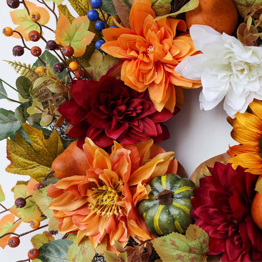 18" Artificial Autumn Harvest Floral Wreath with Mixed Blooms and Fruits