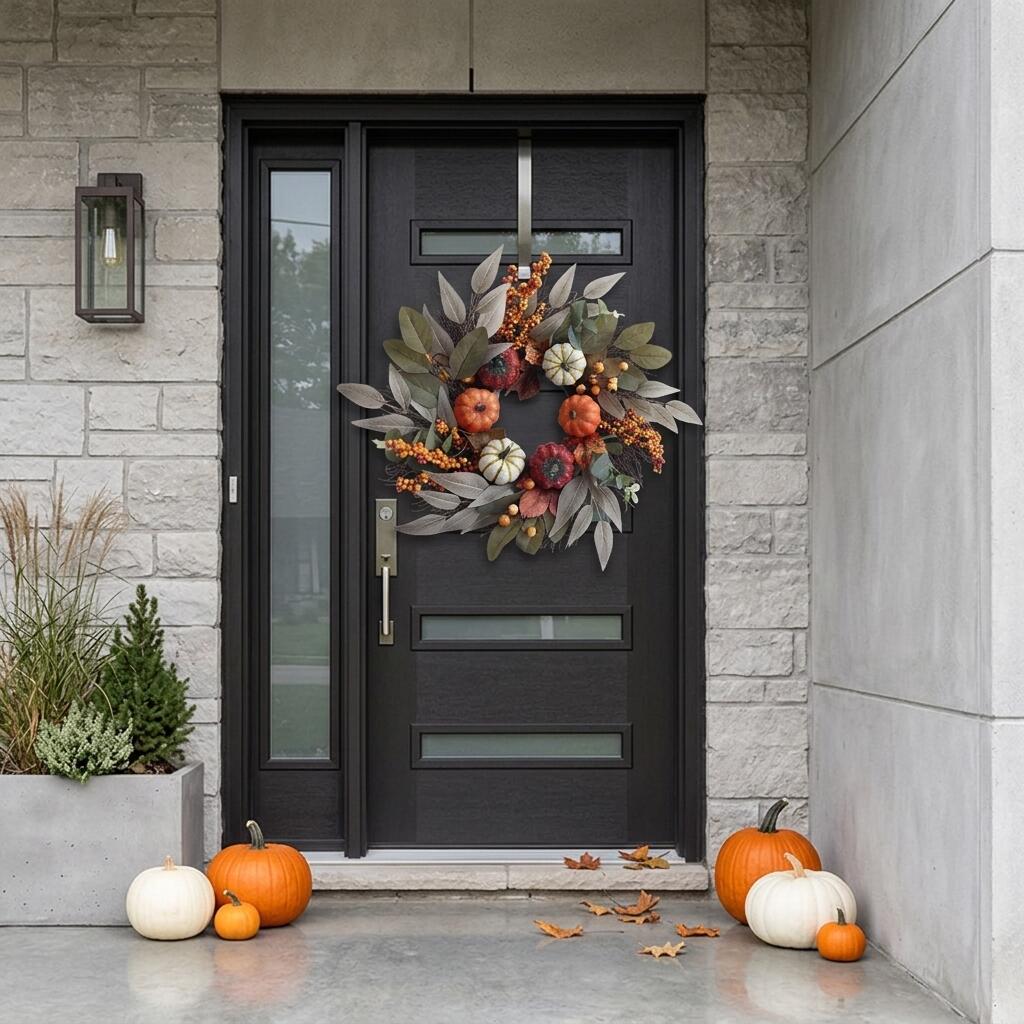 Artificial Autumn Harvest Wreath with Pumpkins and Berries