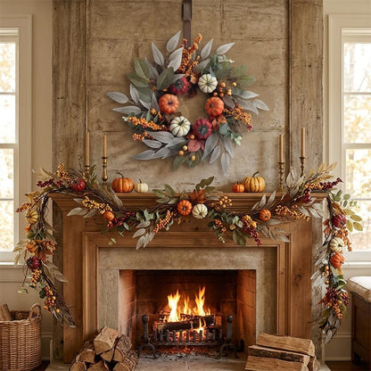 Artificial Autumn Harvest Wreath with Pumpkins and Berries