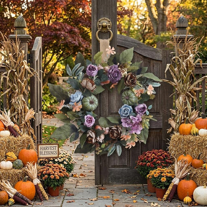 18" Artificial Fall Floral Wreath with Green Pumpkins and Moody Blooms