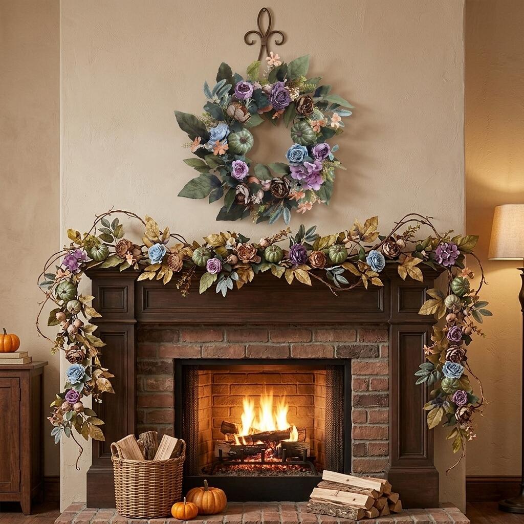 18" Artificial Fall Floral Wreath with Green Pumpkins and Moody Blooms